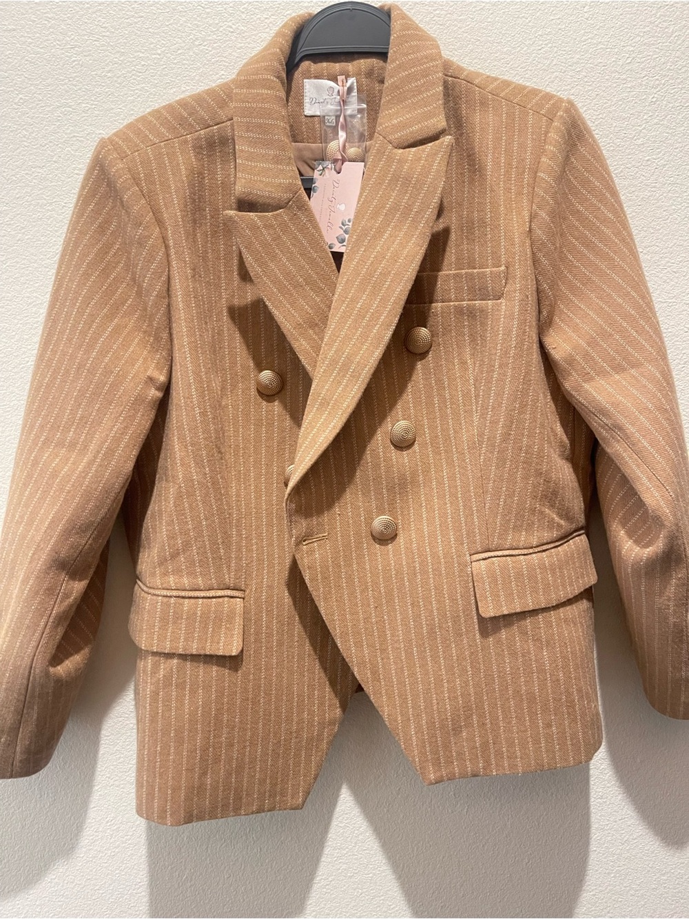 Dainty Jewells Double-Breasted Tan Pinstripe Blazer